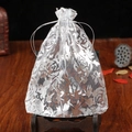 Silver organza drawstring jewelry gift bag featuring rose gold floral patterns - White Silver