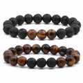 Set of 10mm lava rock and tiger eye stone bead bracelets for men and women on white background - Tiger Eye Set