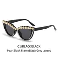 Occhiali da sole cat-eye con montatura nera C1, lenti grigie, perle e strass luccicanti - Montatura Nera Perla Lente Grigia