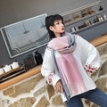 Detail of pink and grey plaid cashmere-like scarf with soft fringe edges for winter - 200*70cm / Dusty Pink