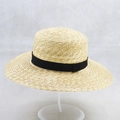 Classic flat top straw sun hat with wide brim and black ribbon on a minimalist stand - M / Simple Black Thin Band Style (9)