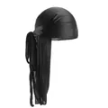 Detailed view of black silky satin durag fabric texture and long tail wrap design - Black