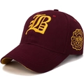 Wine red baseball cap with yellow gothic B embroidery and side patch detail - Wine Red with Yellow Embroidery