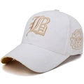 White baseball cap with gold 3D B embroidery and vintage circular side patch - White with Gold Embroidery