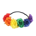 Regenbogen-Blumenstirnband mit sechs Kunstrosen auf elastischem Band für Festivals - Regenbogen