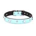 Sky blue leather dog collar with silver star studs and adjustable metal buckle - Sky Blue