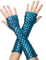 Detailed view of blue mermaid scale printed fingerless long gloves for costumes - Blue