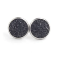 Detailed close-up of 12mm stainless steel stud earrings with shimmering black druzy inlay - Black Druzy (12)