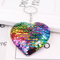 Rainbow sequin heart keychain with metal ring shown on a decorative gift card background - Small Heart 7*8cm (Silver Ring) / Multicolor