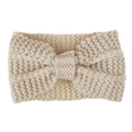 Detailed close-up of thick beige knit texture and bow knot on the winter headband - Beige