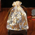 White organza drawstring gift bag with gold foil rose pattern for jewelry packaging - 7x9cm / White Gold