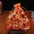 Red organza gift pouch with gold rose pattern and drawstring for jewelry packaging - 7x9cm / Red
