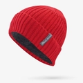 Detalle del gorro de punto rojo con forro polar negro y la etiqueta Black Humor para abrigo - Rojo