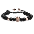 Men's crown beaded bracelet with rose gold micro-pave zircon and black matte stones - Rose Gold