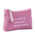 Pink floral canvas makeup bag with white zipper and positive typography print - Three-Row Letters / Rose Red