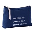 Dark blue canvas makeup bag with white zipper and printed motivational English text - Three-Row Letters / Dark Blue