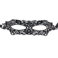 Close-up of intricate black lace masquerade mask with adjustable ribbon ties for costume - 12-Round Flower