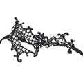 Detailed top view of black lace masquerade mask with intricate floral cutouts and silk ribbons - 10-One Eye
