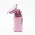 Portable pink and purple children's urinal bottle with cartoon design and grey lanyard - Pink