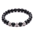 8mm matzwarte stenen kralenarmband met drie zilveren bollen en zirkonia micro-pavezetting - Zilver Stijl (Stijl B)