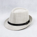 Dettaglio cappello fedora in lino con fascia in pelle nera e fibbia in metallo argento - M (56-58cm) / Intreccio Misto Beige-Marrone Chiaro (4号)