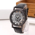 Fashion hollow quartz watch with black leather strap and visible gear dial mechanism - Gunmetal Face Black Strap