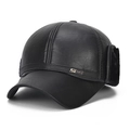 Winter black faux leather baseball cap with plush earflaps and metal logo badge - L (58-60cm) / Black Faux Fur