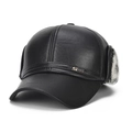 Black leather baseball cap with ear flaps and thick grey faux fur lining for winter - L (58-60cm) / Grey Fur