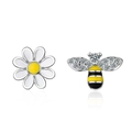 Asymmetric floral earrings featuring white daisy and bee design with sparkling crystals - Copper / White Gold