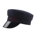 Navy wool baker boy hat with black patent leather brim and red RR logo embroidery - M (56-58cm) / Navy Blue