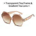 Translucent tea-colored hexagonal sunglasses with gradient brown lenses and gold detail - Transparent Tea Frame Gradient Tea Lens