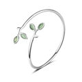 Bracciale aperto minimalista in argento con foglie in pietra occhio di gatto verde - Rame placcato oro bianco