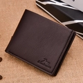 Short bifold men's wallet in dark brown lychee textured leather with a minimalist logo - Horizontal Dark Brown