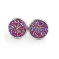 Close-up of 12mm silver-rimmed stud earrings with magenta sparkling faux crystal druzy - Magenta Sequins (3)