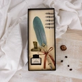 Vintage quill pen set with teal feather, ink bottle and 5 nibs in a black gift box - Dark Green