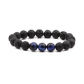 10mm volcanic lava stone and blue tiger eye beaded bracelet on white background - 3 Blue Tiger Eye Beads + Lava Stone