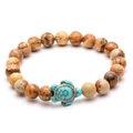 Tiger eye stone bead bracelet featuring a turquoise sea turtle charm with silver accents - Yellow Wood Grain Stone Sea Turtle Style (B Style)