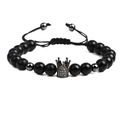 Men's crown beaded bracelet with black natural stones and micro-pave zircon crown charm - Black