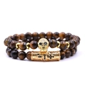 Tiger eye bead bracelet set with golden micro-pave zircon skull and cross details - Tiger Eye Stone Beaded Bracelet Set