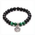 Detail of beaded yoga bracelet featuring matte black stones and Tree of Life charm - Green Striped Stone & Lava Stone Style (No. 5)