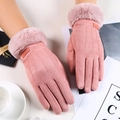 Guanti invernali rosa da donna in finta pelle scamosciata con polsini in ecopelliccia - Taglia unica / Pelle Scamosciata a Tre Costine Inspessita Rosa