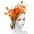 Detail of bright orange fascinator hat with feathers, mesh ribbons and pearl accents - Orange