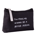 Black canvas cosmetic bag with white handle and inspirational quote print on front - Three-Row Letters / Black