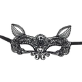 Detailed close-up of black lace cat-ear masquerade mask with adjustable ribbon ties - 19-Elf