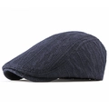 Winter knitted navy blue beret hat for men featuring warm ribbed texture and peak design - Adjustable / Navy Blue
