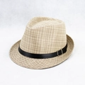 Cappello Fedora in lino beige con fascia in pelle nera e fibbia in metallo argentato - M (56-58cm) / Intreccio Beige-Marrone (2号)