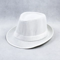 Close-up of finely woven white linen fedora hat with matching decorative ribbon band - M (56-58cm) / White