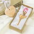 Pink crystal rose with gold stem in a heart-patterned gift box on white satin - Gold Stem Pink Flower