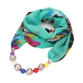Chiffon scarf necklace with turquoise floral print and colorful beaded metal pendant - Green Sun
