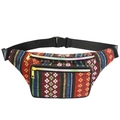 Detail of colorful woven bohemian waist bag featuring multi-stripe fabric and golden zippers - Style E/Red & Blue Vintage